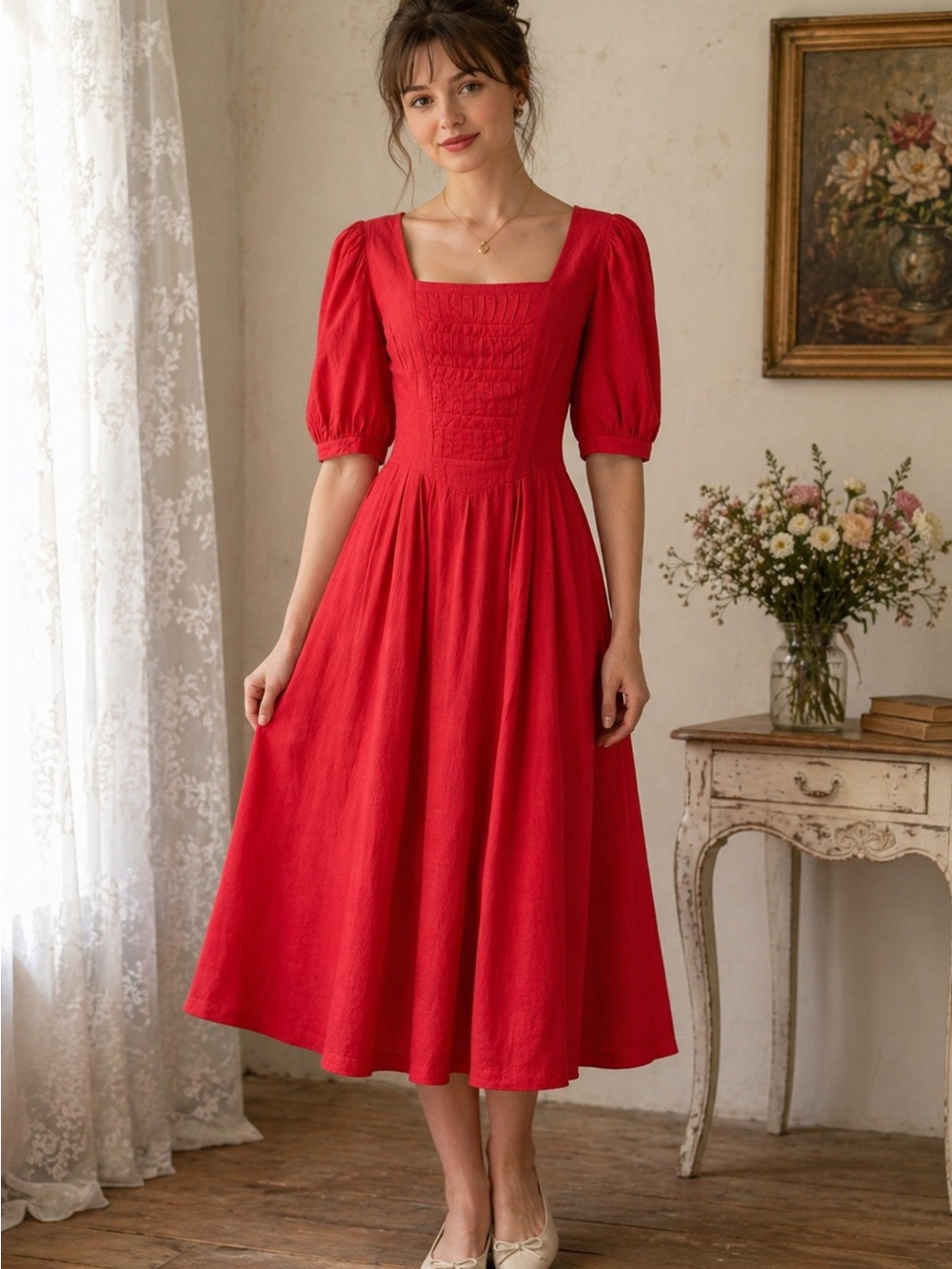 Berwin & Wolf Vintage Inspired Linen Maxi Dress Cottagecore Prairie Romantic